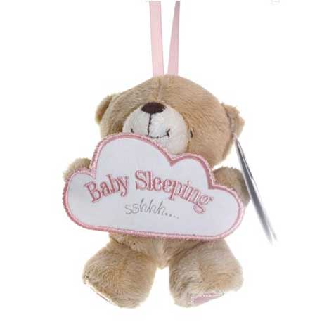 5" Forever Friends Bear Holding Pink Baby Sleeping Sign 